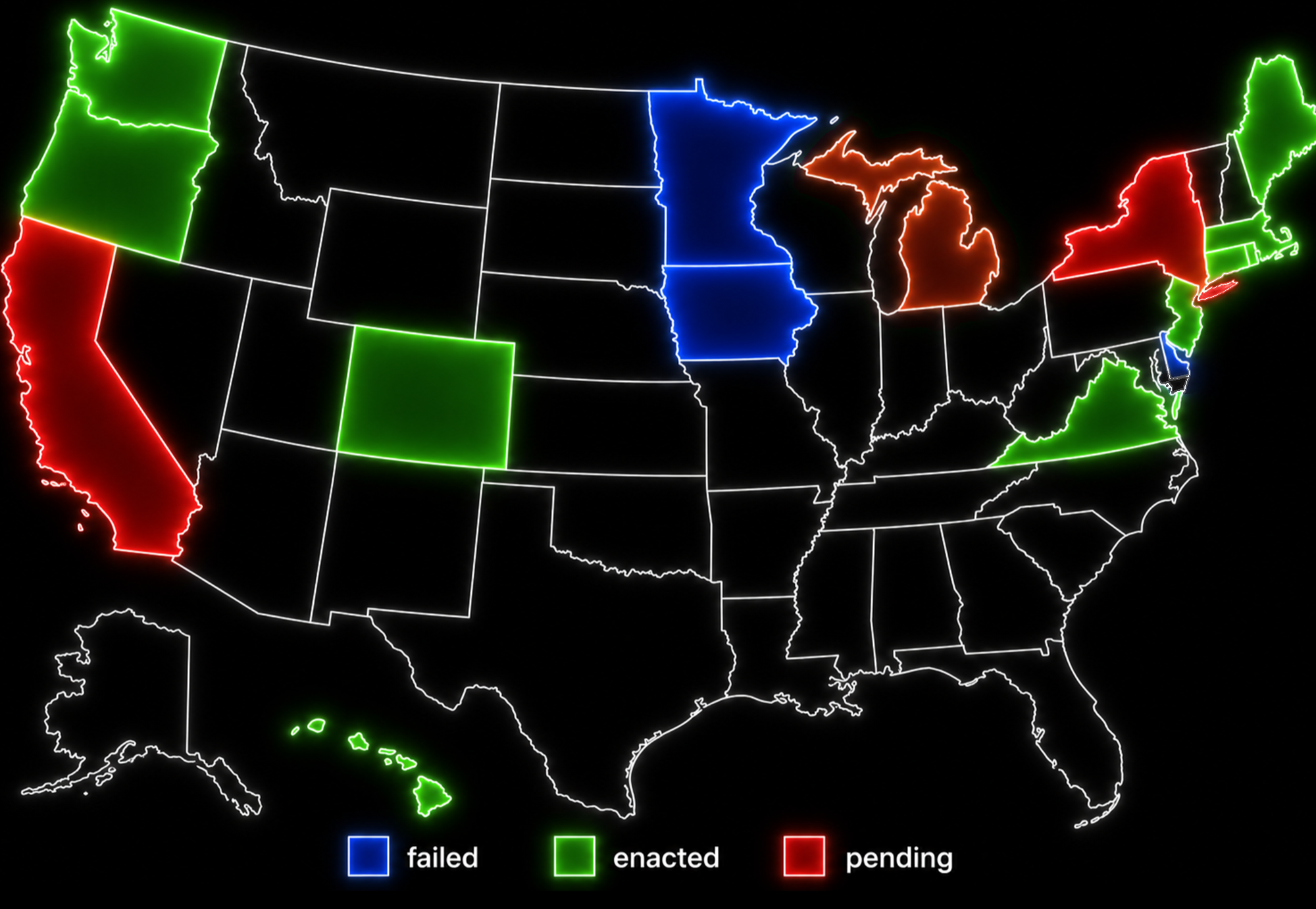 Map of the United States showing which states have failed, enacted, or pending 3D printing legislation.